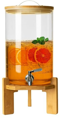 LYXXW Seau à Vin en Verre pour Machine à Boissons en Verre Anti-Fuite, Robinets en Acier Inoxydable 304, Couvercle en Bambou Et Support en Bois pour Les Fêtes,8L