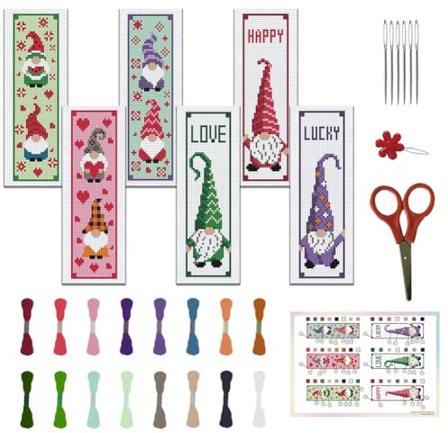 FREEBLOSS 6 Set Kreuzstich Lesezeichen Set, DIY Lesezeichen Anfänger Stickset Mit Anleitung, Kreuzstich Set Stickereiset für Anfänger Einsteiger Zwerg Elfen Muster