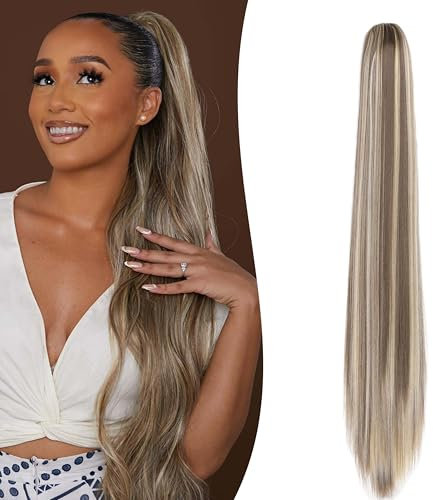 Gairyan 60cm Pferdeschwanz Haarteil Zopf Extensions Lang Glatt Klammer Claw Clip in Ponytail Extensions Synthetik Haare Extensions Gerade Haarteil Haarverlängerung für Frauen (Aschblond & Blond)