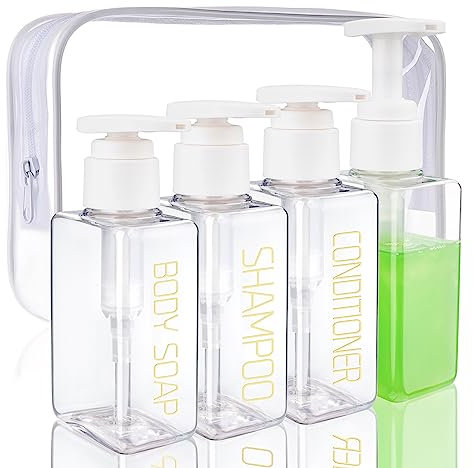 Travel Bottles Travel Accessories Toiletries 4 Pack 3.7oz/110ml Travel Shampoo and Conditioner Bottles Empty Plastic Pump Bottle Dispenser(3labels &1blank)