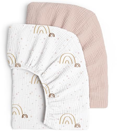 lulumoon 2er Set Kinder Spannbettlaken, Musselin-Baumwolle Spannbetttuch für Babybett und Kinderbett 60x120cm / 70x140cm Reisebett Spannlaken Beistellbett Leintücher (Regenbogen Rosa, 70x140cm)