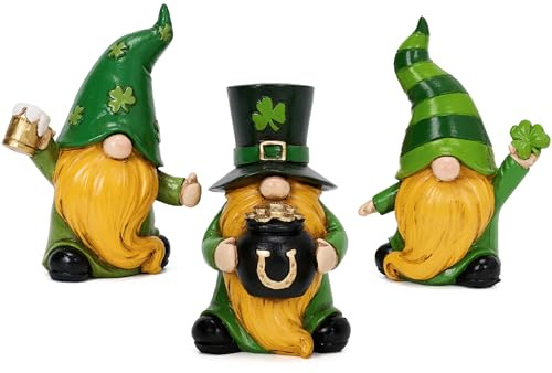 Valery Madelyn St Patricks Day Gnome Figurines, Set of 3 Irish Leprechaun Decor with Shamrocks, Pot of Gold, and Beer Mug, Medium Green White Resin St Patricks Gnome Gifts for Table Tiered Tray Decor