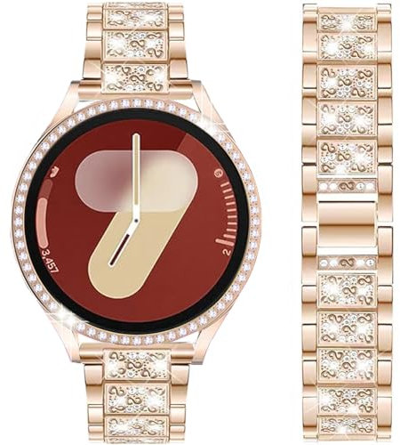 DEALELE Strap Compatible with Samsung Galaxy Watch 7 40mm / 44mm, 20mm Bling Rhinestone Metal Bands with Diamond PC Protective Case Replacement for Women Men, Rose gold