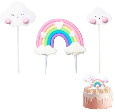 Rainbow Cake Topper, 3Pcs Pink Toppers, Cute Small Rainbow Decorations Happy Birthday Cake Topper for Girls Boys Party Wedding Cake Decoration Supplies