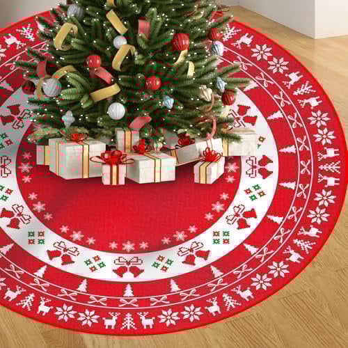 Christmas Tree Skirt,48 inches Xmas Tree Decorations Snowflakes Reindeer Christmas Tree Mat Large Christmas Tree Base Covers for New Year Party Christmas Decorations Indoor Outdoor Holiday Decor