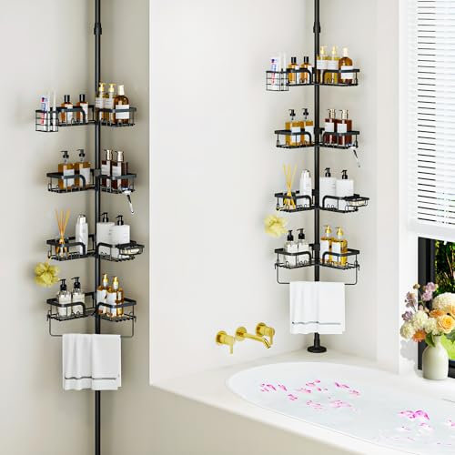 Clothink Eck-Dusch-Caddy, Spannstange, 4-stöckig, rostfrei, Badezimmer-Organizer, Aufbewahrung für Innendusche, Badewanne, Shampoo, 142 bis 290 cm, verstellbare Bodenregale, Schwarz