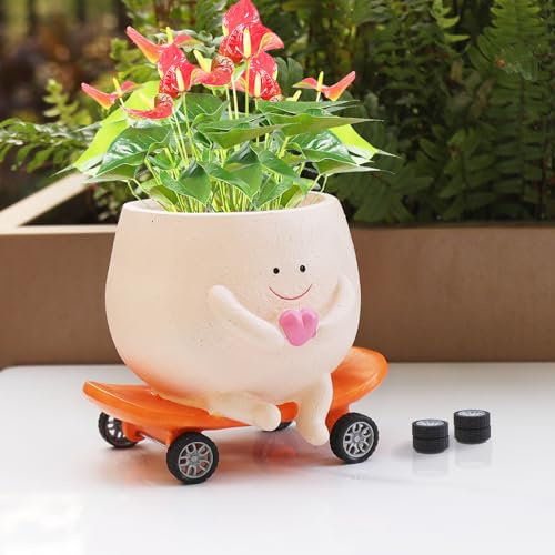 Funny Smily Face Planter Pot with Drainage for Indoor and Outdoor Plants | Unique Resin Rolling Skate-Shaped Succulent Flower Pots, Novelty Gift for Mother, Planter lovers, Home Decors, Garden, Office