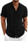 Men's Short Sleeve Linen Shirt Button-Down Shirts Casual Summer Beach Shirt Black L