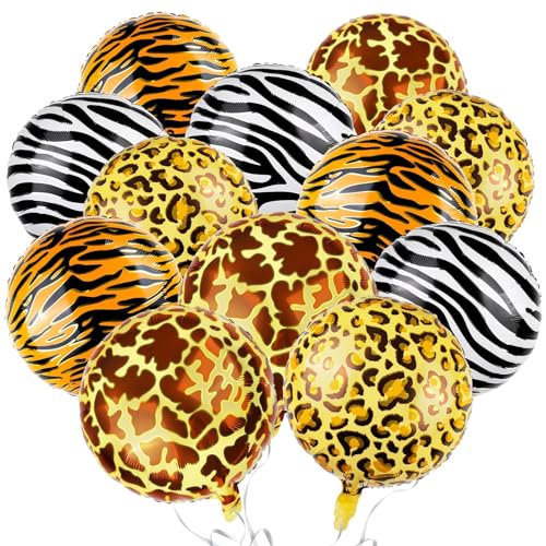 Dschungel Luftballon, 12 CPS Gepard Tiger Zebra Print Runder Aluminiumballon, Luftballon Leopardenmuster, Tierdruck Folien Ballons, Safari Luftballons, für Urwald Geburtstag Party Dekoration
