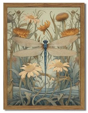 Gerahmte Vintage-3D-Wandkunst, grüne Libellen, Blumen, Wanddekoration, handgezeichneter Sandstein, Natur, botanische Bilder für Wohnzimmer, Schlafzimmer, 40,6 x 61 cm
