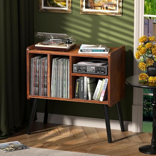 UODERS Record Player Table, Mid-Century Record Player Stand with Vinyl Storage Hold Up to 150+ Albums, Vinyl Record Cabinet with Adjustable Shelves, Wood Turntable Stand for Music Living Room (Brown)