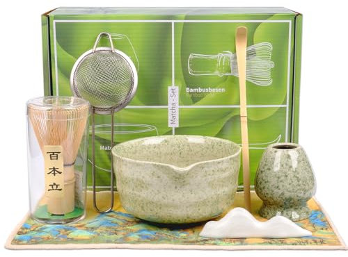 Lot de 7 accessoires pour matcha avec fouet en bambou, bol en céramique, passoire à matcha, balai pour la cérémonie du thé matcha, cadeau pour les amateurs de matcha