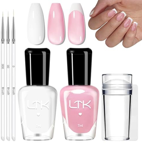 DMQ French Manicure Kit, Jelly Pink and White Nail Polish Set, Nude Pink Nail Varnish Kit with 3Pcs Nail Art Pen and Nail Stamper, Gel Nail Polish for French Tip Manicure at Home - No Need Cure