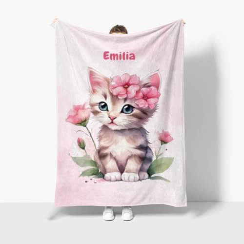 fotobar Wohndecke mit Namen personalisierbar, Kuscheldecke, Namensdecke mit süßem Kätzchen, Geschenkidee Geburtstag Motiv Katze rosa 140 x 200 cm