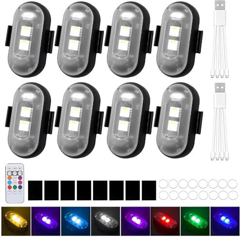 Kabellose Led Lichter, WDKXCN 8 Stück Strobe Drone Light, 8 Farben Led Blitzlicht mit Fernbedienung, L-ed Flugzeug Blitzlichter, Flylights, Unterbodenbeleuchtung für Auto, Motorrad, Drohne, Roller