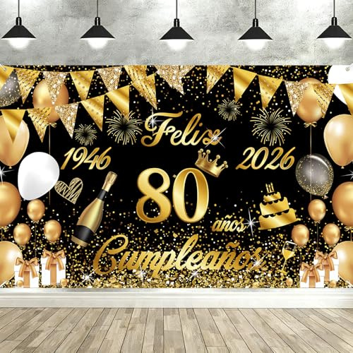Banner zum 80. Geburtstag 1946-2026, Seutgjie Happy Birthday, Dekoration für Damen, Herren, für Party, Geburtstag, 80, Gold, Schwarz, 180 x 110 cm