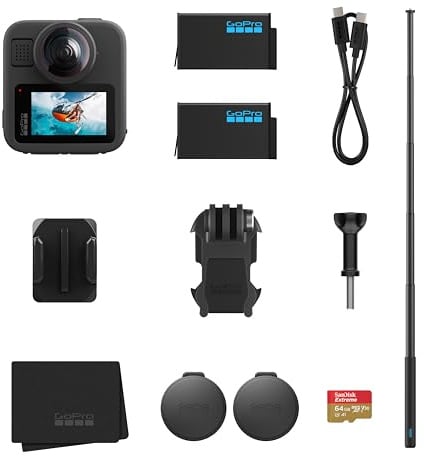 GoPro MAX2 + Pacchetto accessori - Include asta di prolunga da 1,2 m, 2 batterie Enduro da 1960 mAh, scheda microSD SanDisk da 64 GB