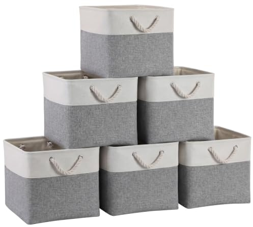 ICEMOR 33×38×33cm Foldable Storage Cubes,6-Pack Cube Storage Bins with Handles,Compatible with Kallax Shelving,Fabric Storage Boxes for Home,Office,Closet,Clothes & Toy Organization (White & Grey)