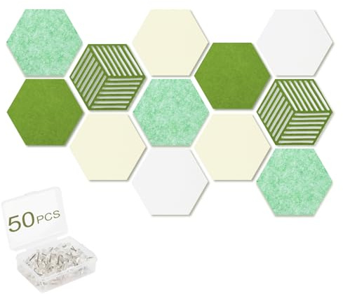 Acidea 12 Stück Filz Pinnwand Sechseckig, Selbstklebend Pinnwand, Grüntöne | Hexagon Pinnwand Memoboard mit 50 Pinnnadeln, Foto-Display-Tafel, Korkplatte Vision Board für Foto, Memo, Wanddekoration
