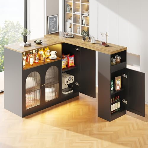 muenfly Isla de cocina independiente con encimera giratoria 360°, mesa de bar extensible (108-197 cm) con luz LED, armario de cocina con puerta de armario de cristal, aparador con vetas de madera