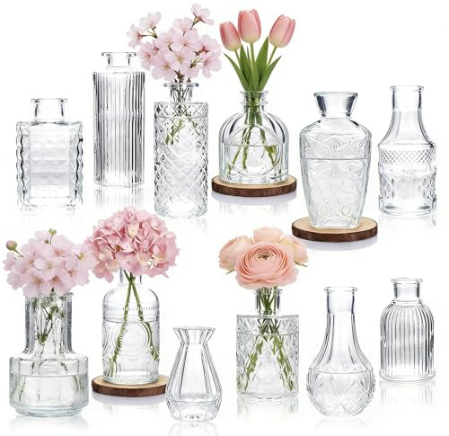 Otauoaea Lot de 12 Mini Vases en Verre - Déco Vintage Transparente - Vases à Fleurs pour Mariage et Centre de Table - Petits Vases de Table en Taille Multiple - Idée Cadeau Décoration Maison