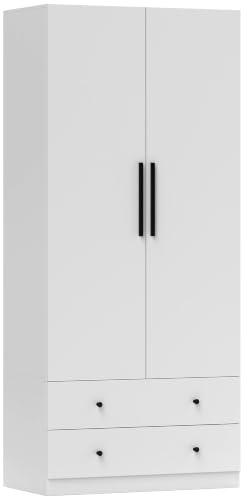 HOMCOM Kleiderschrank 2-Türig mit Kleiderstange 79 x 43 x 180 cm Weiß | Mehrzweckschrank, 2 Schubladen, Garderobenschrank, für Schlafzimmer