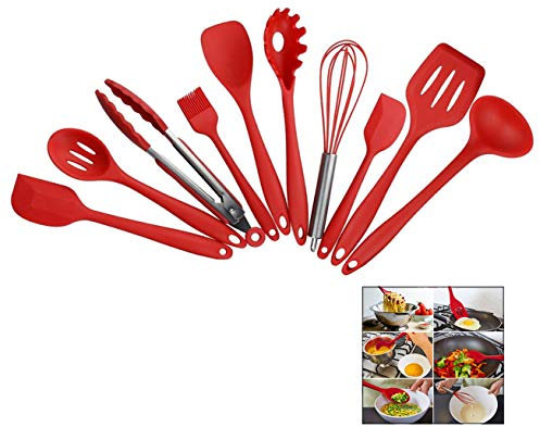 Itian Set de 10 Ustensiles de cuisine en silicone - Pinces, Fouet, Brosse, Spatule, Cuillère, Noodle Spoon, Slotted Spatula, Riz Paddle, Cuiller à soupe, Résistant à la chaleur Utensil de Cuisson