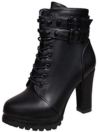 Logobeing Zapatos de Tacón Alto Botas Mujer Invierno Martain Boot Zapatos con Cordones de Cuero Botines Mujer Tacon Plataforma Zapatos (39,Negro)