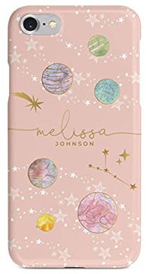Tirita Personalised Initials Custom Hard Phone Case Compatible with iPhone 7 Plus & 8 Plus PRINTED GLITTER, NOT REAL GLITTER Space Stars Moon Planets Baby Pink Gold Constellation