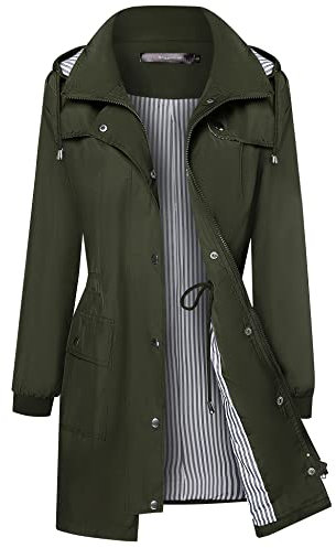 Bloggerlove Manteau imperméable à capuche pour femme Rayures doublées Coupe-vent - Vert - Taille L