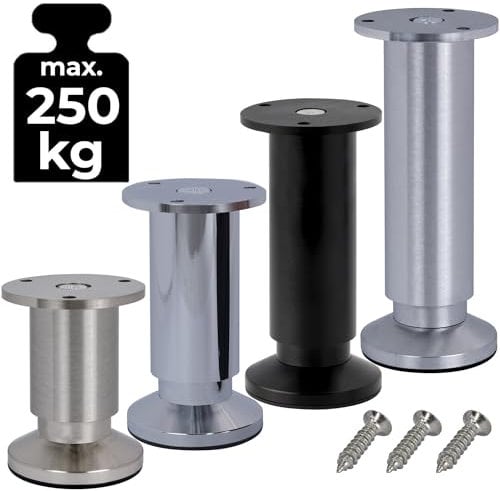 Stahlia Möbelfüße verstellbar (4er SET) 12cm Höhe EDELSTAHL OPTIK Ø 38mm Aluminium Schrankfüsse belastbar bis 250Kg Sofa Füße Möbelbeine Metallfüße Regalfüße