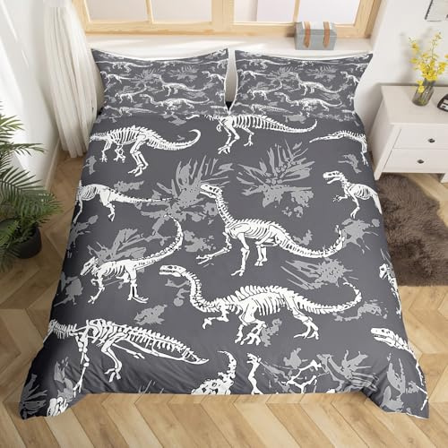 Dinosaurier-Bettwäsche-Set mit Dinosaurier-Motiv, Totenkopf, Bettbezug für Kinder, Teenager, Jungen, Jurassic-Serie, Bettwäsche-Set für Kinderzimmer, Dekoration, alte Tiere, Doppelgröße, Grau