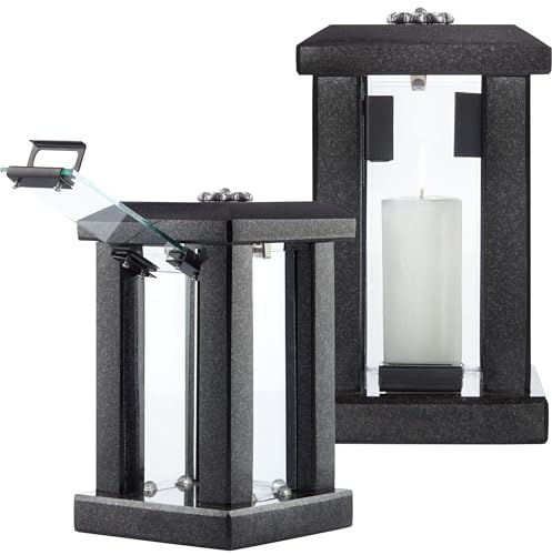 Large Granite Candle Lantern With Flower Decor – H 22.6 (32cm) Polished Black Stone - Heavy & Elegant Indoor or Outdoor Lantern, Versatile Use for Garden, Terrace, or Home - Square Modern Design