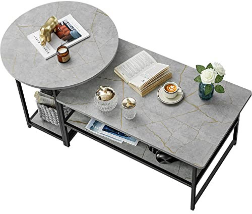 WOHOMO Couchtisch, moderner Stil Couchtische für Wohnzimmer Marmor Mitteltisch mit Stauraum 2 in 1 Abnehmbares Tisch-Set, grauer Marmor