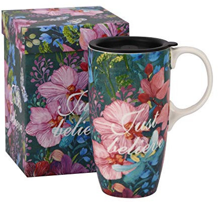 Topadorn Ceramic Coffee Mug Travel Cup Gift with Lid 17oz., Porcelain Tall Tea Cup with Handle for Home & Office, Pink Flower Art Pattern Mug with Gift Box, 6.5''H