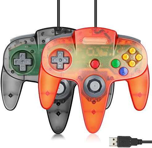 FISUPER – Lot de 2 manettes de jeu vidéo USB N64, manettes de jeu vidéo filaires USB pour Windows, PC, Mac, Raspberry PI Retropie (noir transparent + rouge transparent)