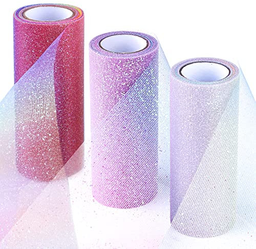 Regenbogen Tüll,Regenbogen Glitzer Tüll Rolle,3 Rolle Regenbogen Glitter Tüll Dekostoff Tüllband für DIY Tisch Tutu Rock Nähen Party Hochzeitsdekoration Geschenkverpackung Weihnachten Kommunion