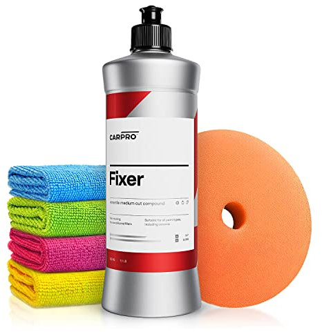 Autopolitur Set: CarPro Fixer One-Step Politur (500g) - Medium Cut Compound mit mittlerer Schleifwirkung für ein Hochglanz-Finish - Exzenter oder Rotation - Feinschleifpolitur | 6-teilig