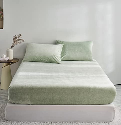 DXHOME Winter Spannbettlaken 140x200cm Boxspringbett Teddy Plüsch Bettlaken Flauschige Warme Hellgrün Cashmere Touch Samt Milchfleece Spannbetttuch Mädchen Spannbettlaken für Topper bis 25-30 cm