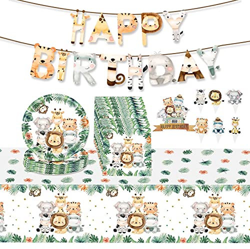 Stickerboy Jungle Birthday Theme Party Tableware Set Decorations Kids Safari Animals Party Supplies 79pcs Disposable Paper Plates Napkins Tablecloth Banner Party Dinnerware for Birthday Baby Shower