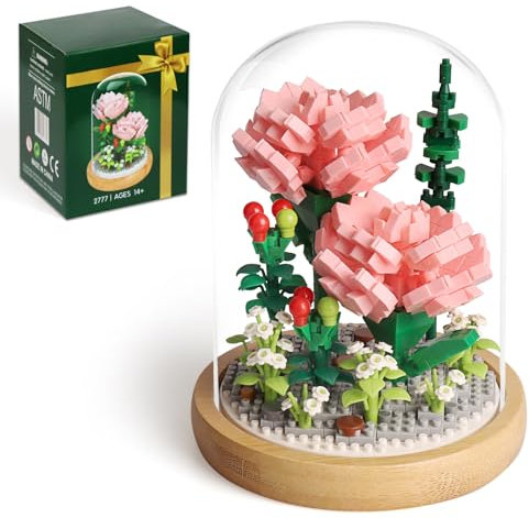 HIGH GODO Blumen Nelken Klemmbausteine, 675 Teile mit Schutzhülle Pflanzen Bonsai Bausteine Set, Home Büro Deko, Geschenke für Frauen Erwachsene Männer 14 Jahren