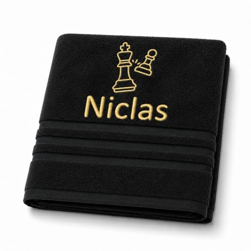 Pet-Jos Personalisiertes Handtuch mit Namen Schön gestickter Sport Name Handbadetuch 100% Baumwollhandtuch Sportliche Motive Personalized Custom Towel with Name (100 x 50 cm, Schach)