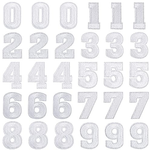 Prasacco 30 Stück Zahlen Patches, 0-9 Zahlen Bestickte Patches Weißer Number Patches Zahlen Aufnäher zum Aufbügeln und Aufnähen für Jeans, Hut, Jacke, Rucksack, Hemden, Taschen, Basteln (3,7 x 2,5 cm)