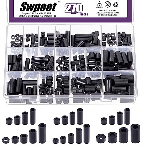Sweet Lot de 270 vis d'espacement rondes en nylon noir de 18 tailles M3 M4 M5 M6 - Entretoises en nylon ABS - Longueurs: 3, 5, 6, 8, 10, 12, 18, 20, 25 mm - Pour prototypage