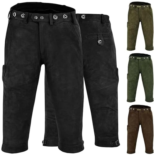German Wear Jagd Lederhose Kniebundhose Jägerhose Trachten & Wanderhose Nubuckleder, 52/L, Schwarz