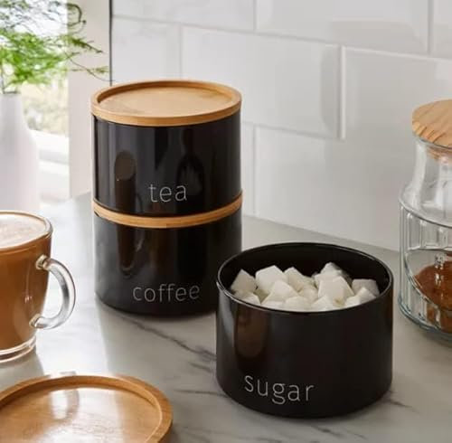 DEENZ Stackable Tea Coffee Sugar Storage Jars 3Pk Round Food Canisters Ceramic Great Storing Beans Matte Finish And Wooden Airtight Lids Storage Jars (Black 143) White