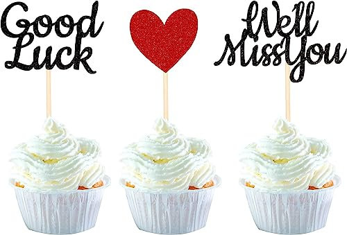 24 Stück We Will Miss You Tortendeko Glitzer Rot Liebesherz Good Luck Cupcake Toppers Retirement Kuchen Deko für Ruhestand Thema Weggehen Party Tortendekorationen