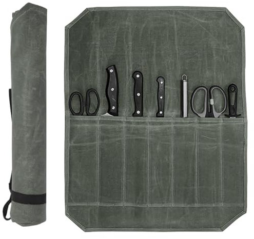 EUIOOVM Kochmesser-Rolltasche, Messer-Wickelrolle, Küchenmesser-Set, 7 Fächer, Messer, Besteck, Werkzeugtasche, gewachstes Segeltuch, Küchenmesser, Rolltasche für Camping, Zuhause, Küchenmesser,