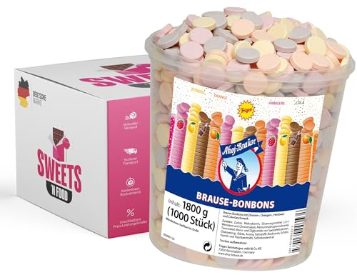 Ahoj-Brause Brause Bonbon Eimer – Vielfältige Geschmacksrichtungen, 1.8kg Großpackung |+ Mit stylishem SWEETS´N FOOD Packband verpackt
