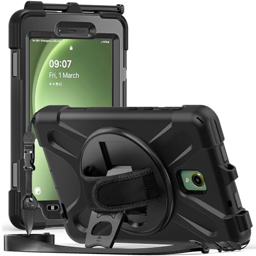 ProCase Funda Infantil para Galaxy Tab Active5 8 2024, Carcasa Rugosa con Soporte Giratorio Asa de Mano Correa de Hombro Cubierta Robusta Antichoque para Galaxy Tab Active5 8 Pulgadas 2024 -Negro